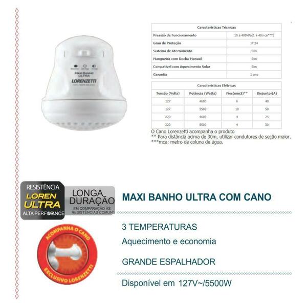 Ducha Chuveiro Maxi Banho Ultra Lorenzetti 127v 5500w com Cano Esconde Fios - Imagem 7