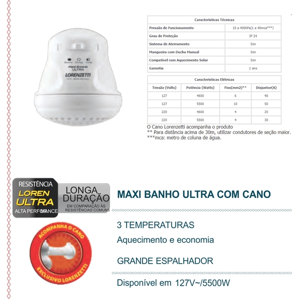 Ducha Chuveiro Maxi Banho Ultra Lorenzetti 127v 5500w com Cano Esconde Fios - Imagem 3