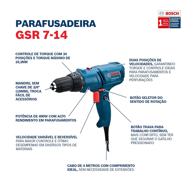 Furadeira e Parafusadeira Bosch 400w 3 8 GSR 7-14 E 220v - Imagem 9