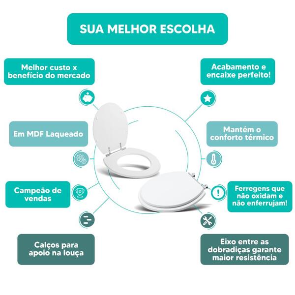 Tampa Vaso Sanitário Madeira Laqueada Oval Convencional Branco para Bacia - Celite - Imagem 4